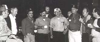 Leen's Lodge, Grand Lake Stream, Maine. 1984. Left to Right - Peter Borque, Owen Fenderson, unknown, Dave Basley, Ken Warner, unknown, Keith Havey, Ken Beland, Dennis McNeish.