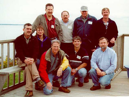 A plethora of past (and current) presidents: standing from left to right: Scott Decker (1995), Brandon Kulik (2000), Fred Kircheis (1985), Peter Cronin (1981). Seated, squating left to right: Peter Amiro (1989), Joan Trial (1988), Larry Marshall (1975), Al McNeill (1999), Forrest Bonney (2001). Angelo Incerpi (1978) was present but unavailable for the photo.