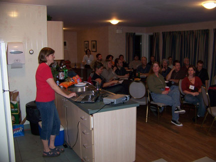Sunday night informal session at the cabin, Kathryn Collet presents a topic that'snot funny - Didymo.