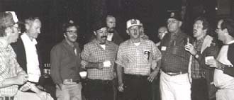 Leen's Lodge, Grand Lake Stream, Maine. 1984. Left to Right - Peter Borque, Owen Fenderson, unknown, Dave Basley, Ken Warner, unknown, Keith Havey, Ken Beland, Dennis McNeish.